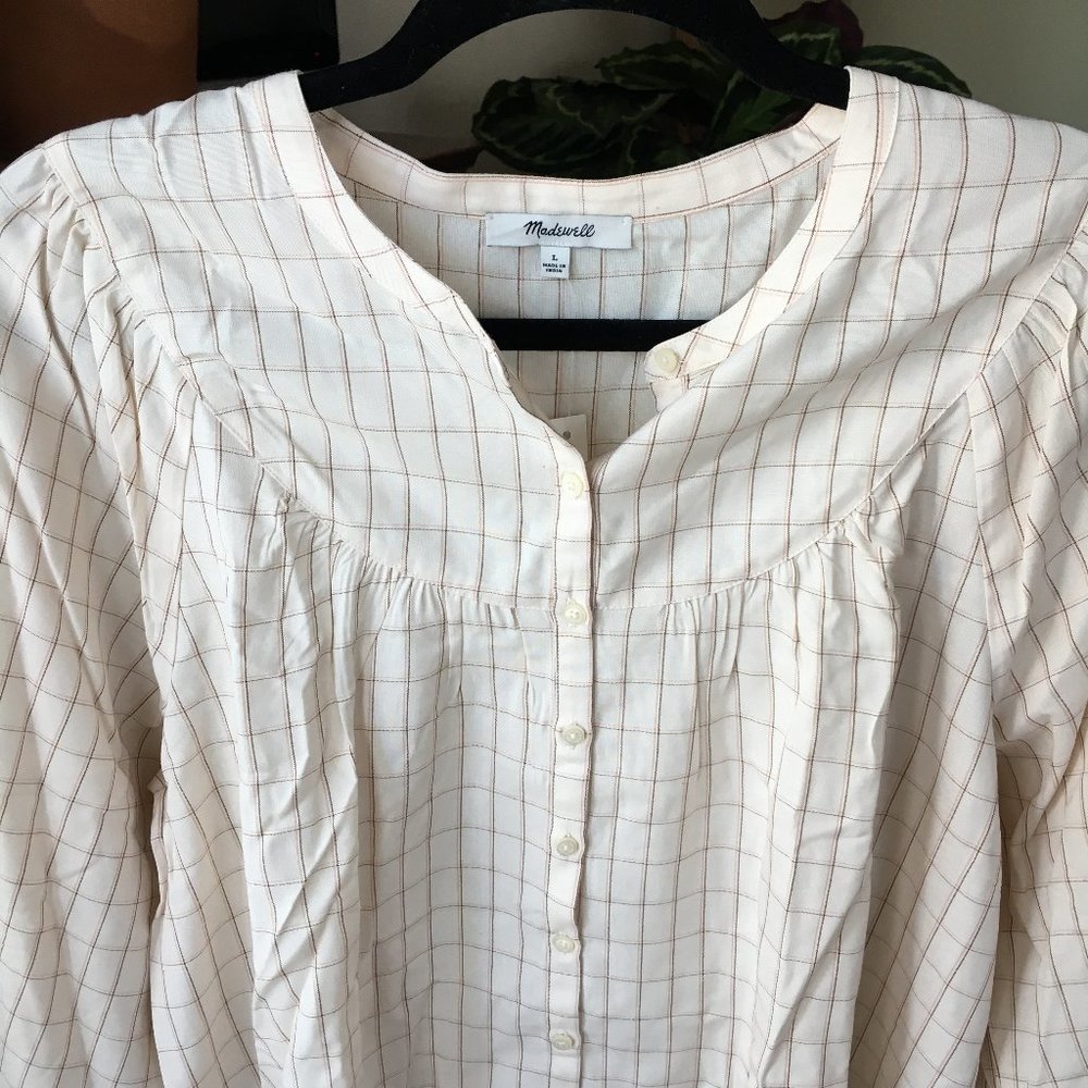 Madewell Cream Plaid Blouse size L EUC - Picture 4 of 8